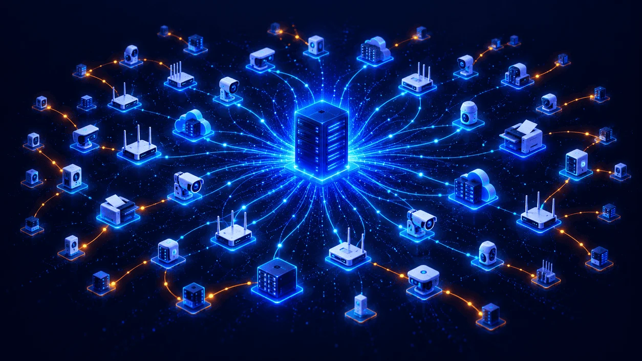 Illustration of a central C2 server sending commands to infected routers, cameras, printers and servers, with infections spreading outward to new devices