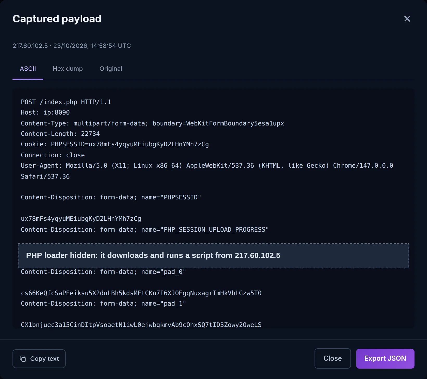 Whatoblock dashboard captured payload view for a POST to /index.php on port 8090 at 14:58 UTC on 23 October, with a PHPSESSID field, a PHP_SESSION_UPLOAD_PROGRESS field whose loader is hidden, and padding fields