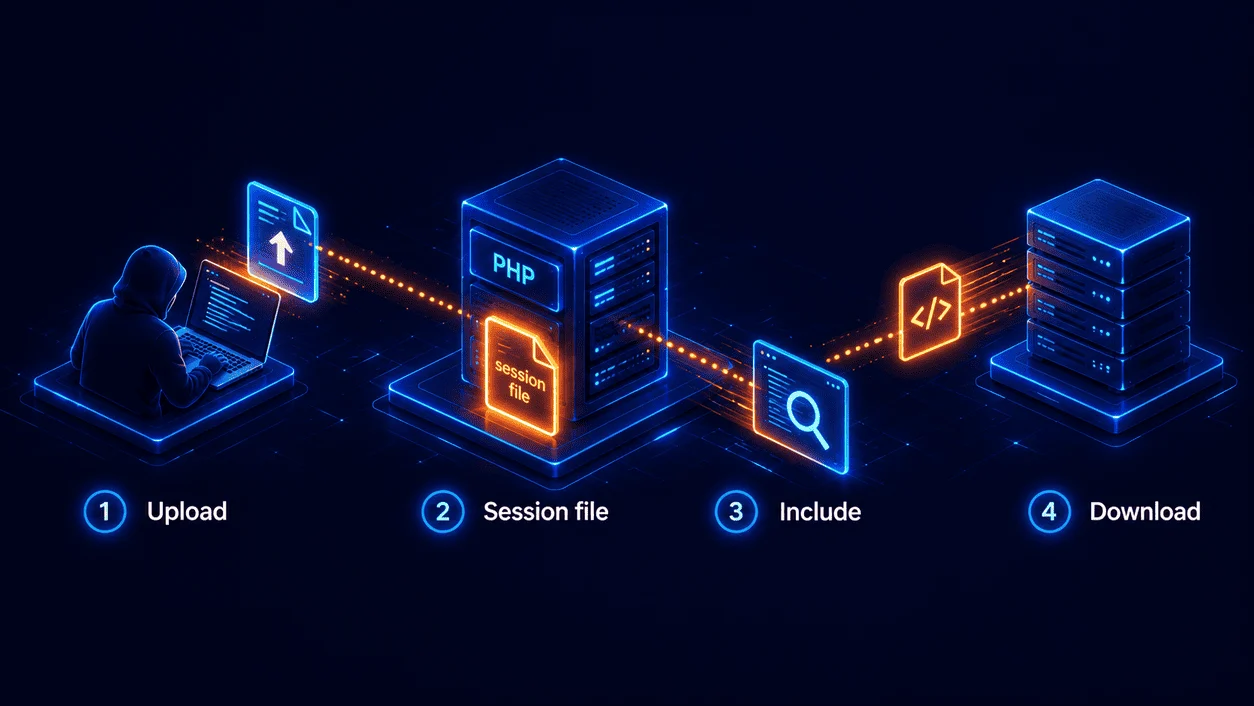 Four step illustration: an attacker uploads a form, the PHP server writes it into a session file, a second request includes that file, and the server downloads a script from a remote host